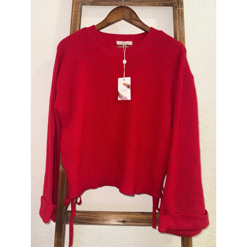 Chelsea & Violet Red Shaker Knit Lace Up Side Sweater NWT Large